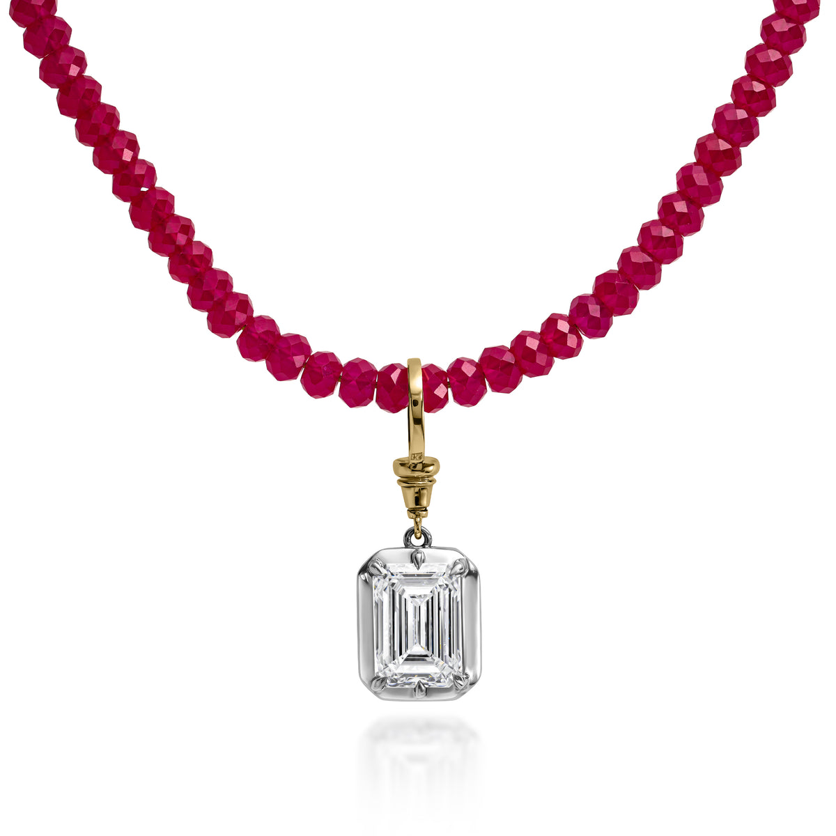 3ct Emerald Diamond Pendant & Red Rubi Necklace